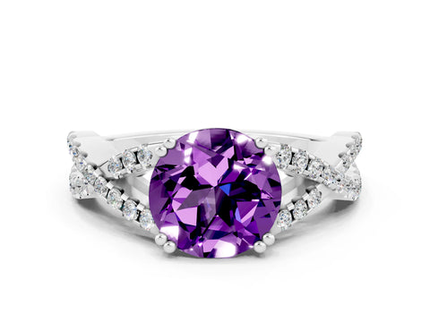 White gold Round Cut Amethyst Solitaire Ring with Four-Prong Setting and Twisted Pavé Band