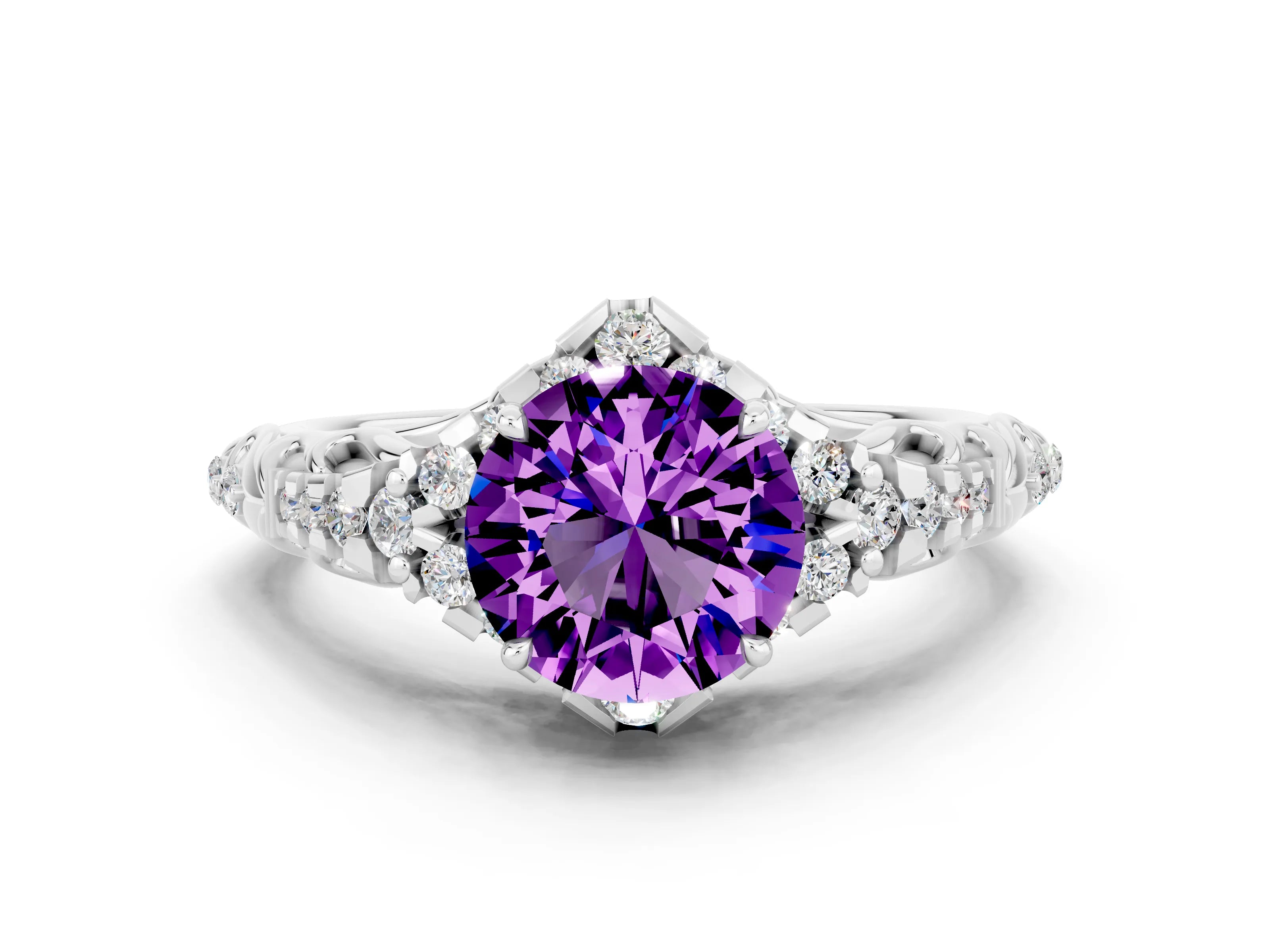 White gold Round Cut Amethyst Solitaire Ring with Hidden Halo and Pavé Band_12