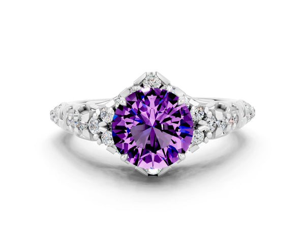 Silver Round Cut Amethyst Solitaire Ring with Hidden Halo and Pavé Band