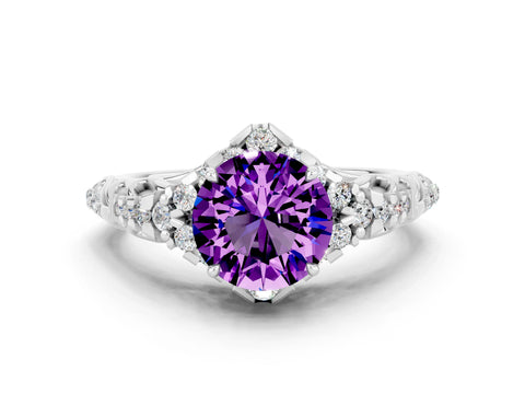 White gold Round Cut Amethyst Solitaire Ring with Hidden Halo and Pavé Band_12