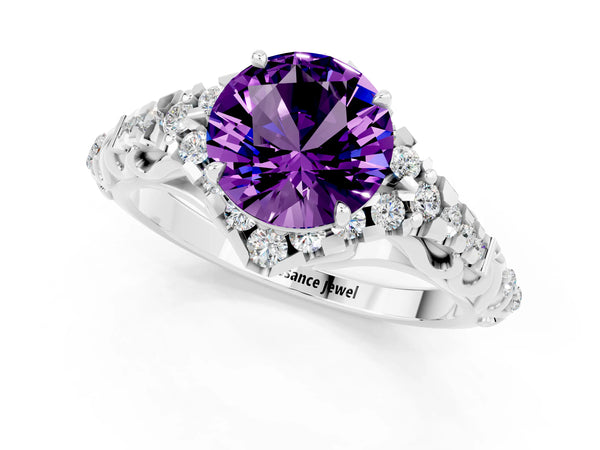White gold Round Cut Amethyst Solitaire Ring with Hidden Halo and Pavé Band
