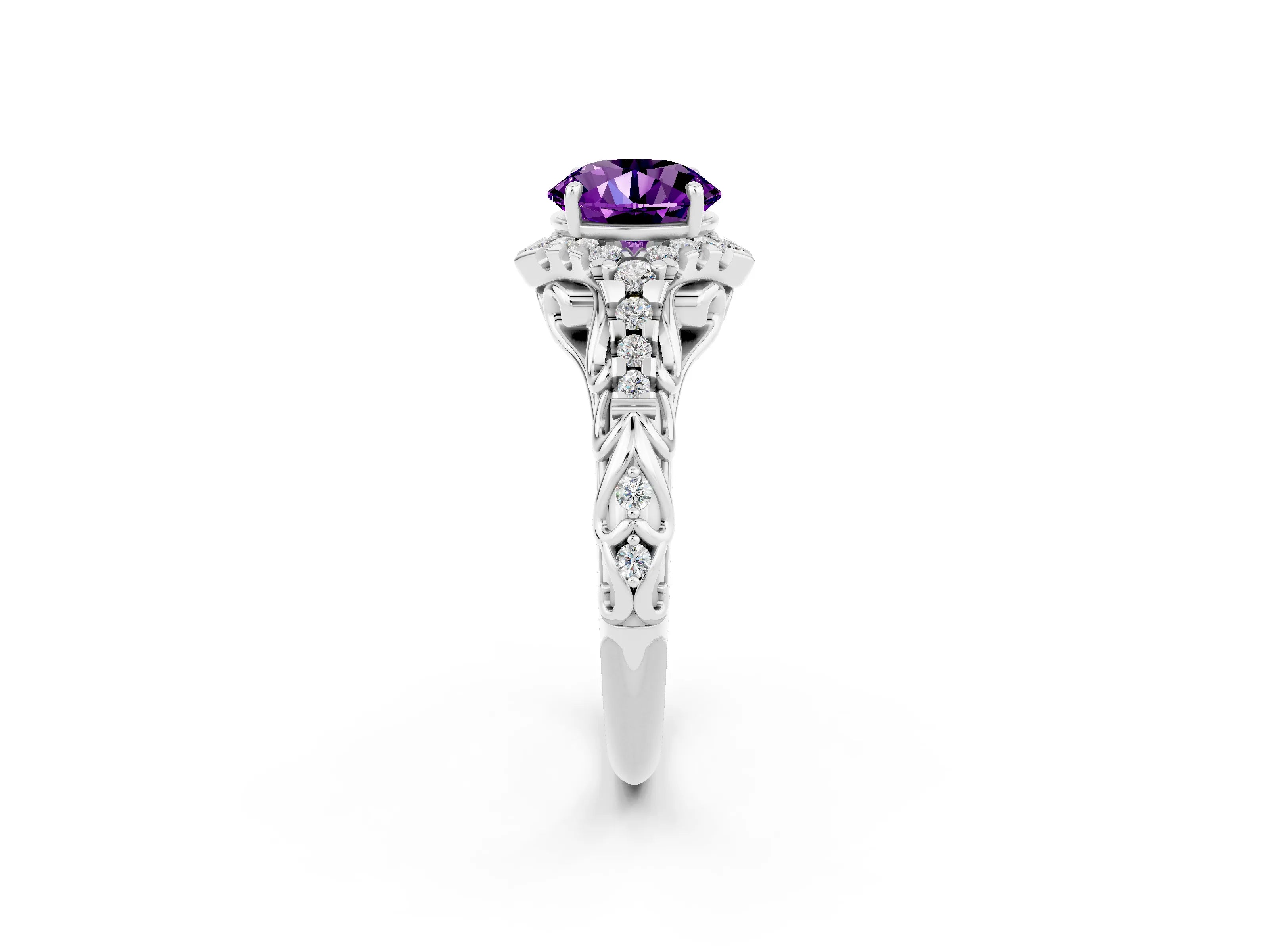White gold Round Cut Amethyst Solitaire Ring with Hidden Halo and Pavé Band_14