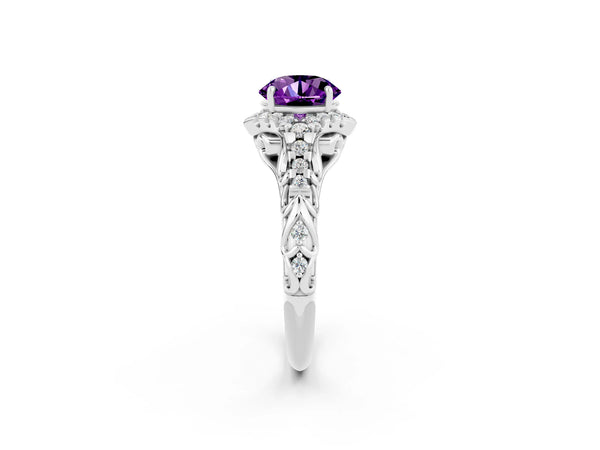 Silver Round Cut Amethyst Solitaire Ring with Hidden Halo and Pavé Band
