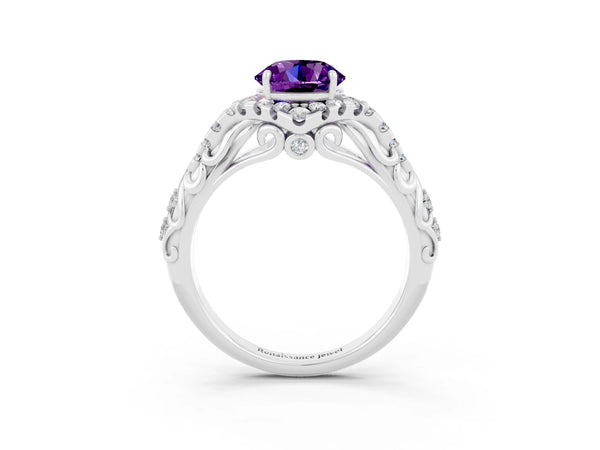 White gold Round Cut Amethyst Solitaire Ring with Hidden Halo and Pavé Band