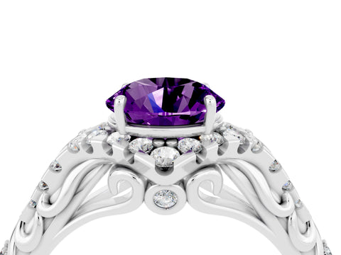 White gold Round Cut Amethyst Solitaire Ring with Hidden Halo and Pavé Band_16