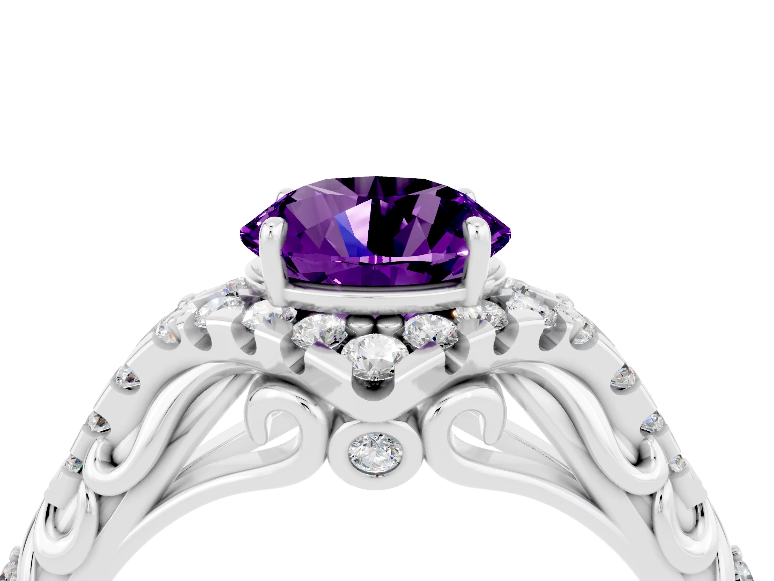 White gold Round Cut Amethyst Solitaire Ring with Hidden Halo and Pavé Band_16