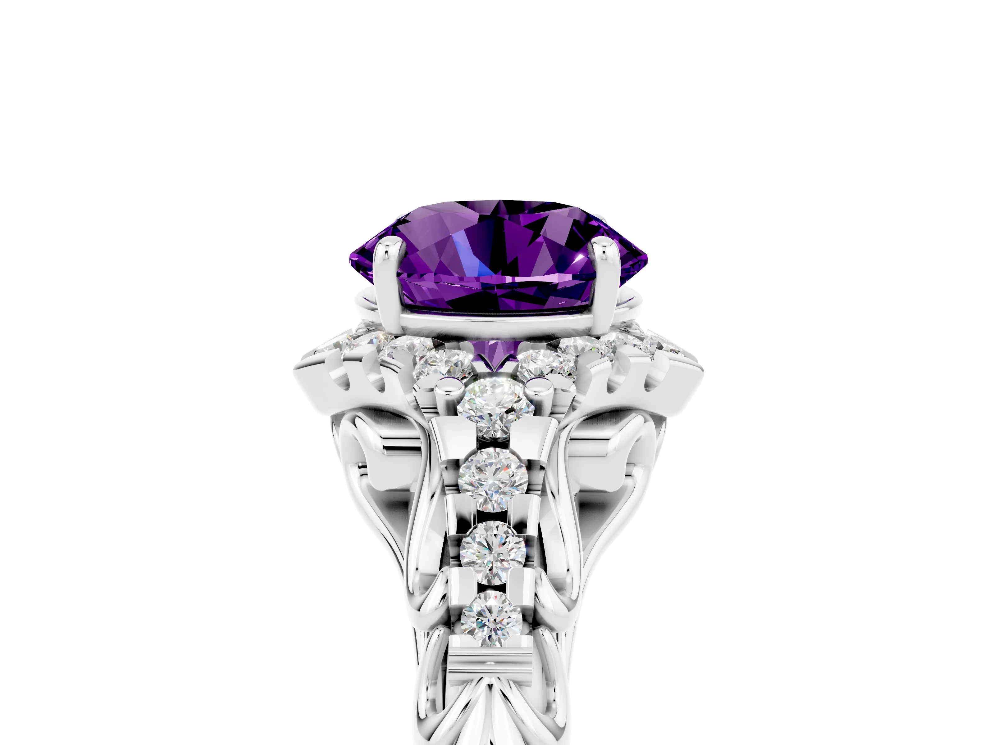 White gold Round Cut Amethyst Solitaire Ring with Hidden Halo and Pavé Band_17