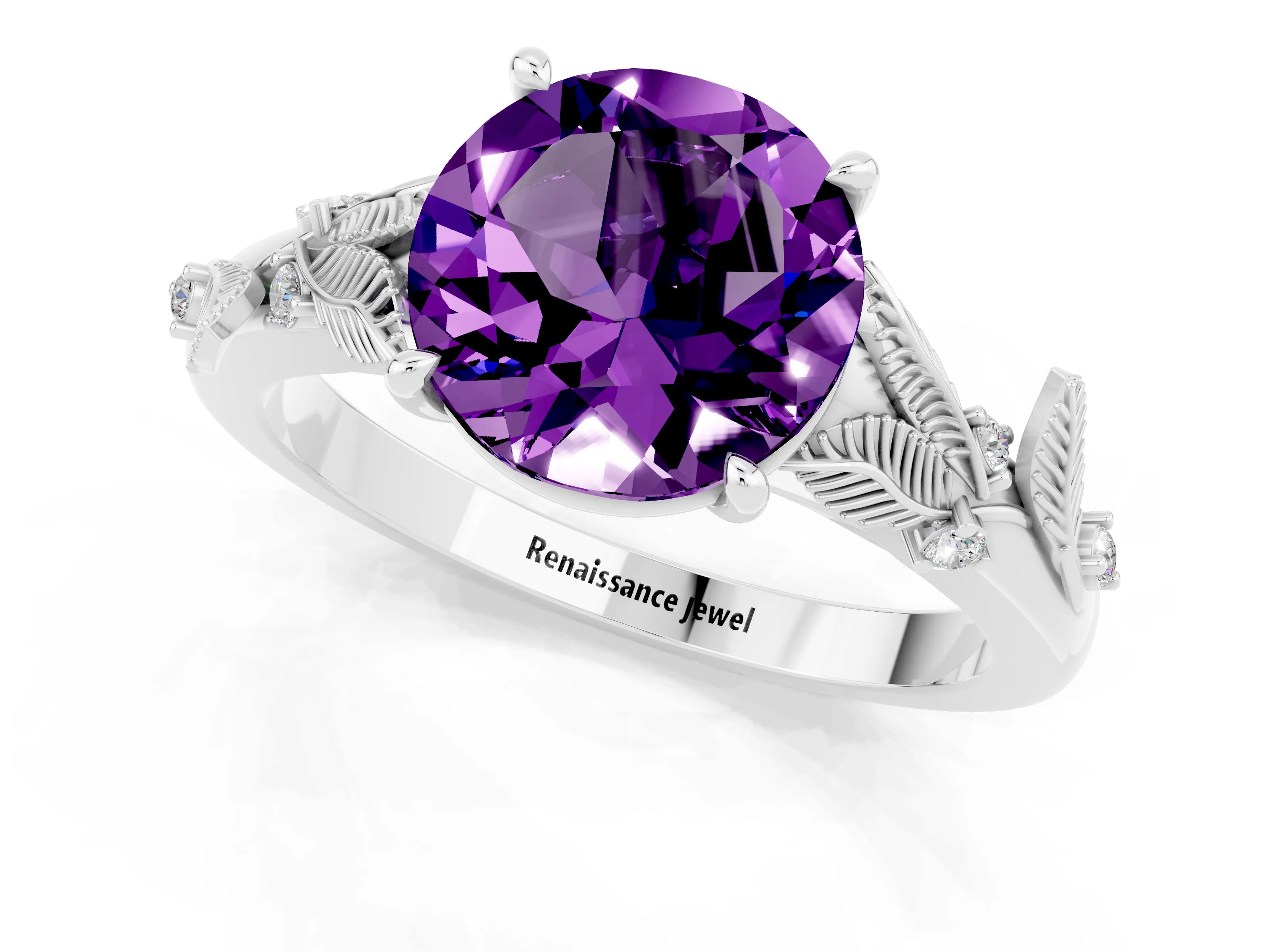 White gold Round Cut Amethyst Solitaire Ring with Leaf Motif Band and Four-Prong Setting_25