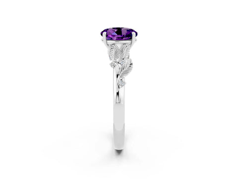 White gold Round Cut Amethyst Solitaire Ring with Leaf Motif Band and Four-Prong Setting_26