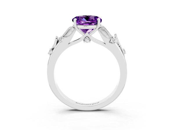 Platinum Round Cut Amethyst Solitaire Ring with Leaf Motif Band and Four-Prong Setting