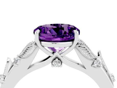 White gold Round Cut Amethyst Solitaire Ring with Leaf Motif Band and Four-Prong Setting_28