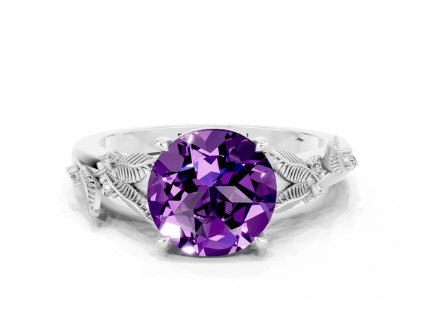 White gold Round Cut Amethyst Solitaire Ring with Leaf Motif Band and Four-Prong Setting