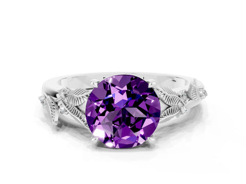 White gold Round Cut Amethyst Solitaire Ring with Leaf Motif Band and Four-Prong Setting_32