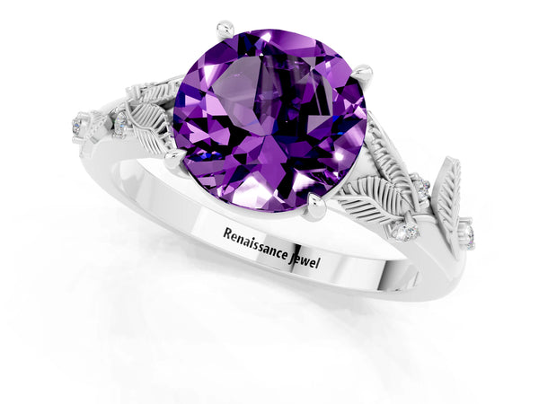 White gold Round Cut Amethyst Solitaire Ring with Leaf Motif Band and Four-Prong Setting