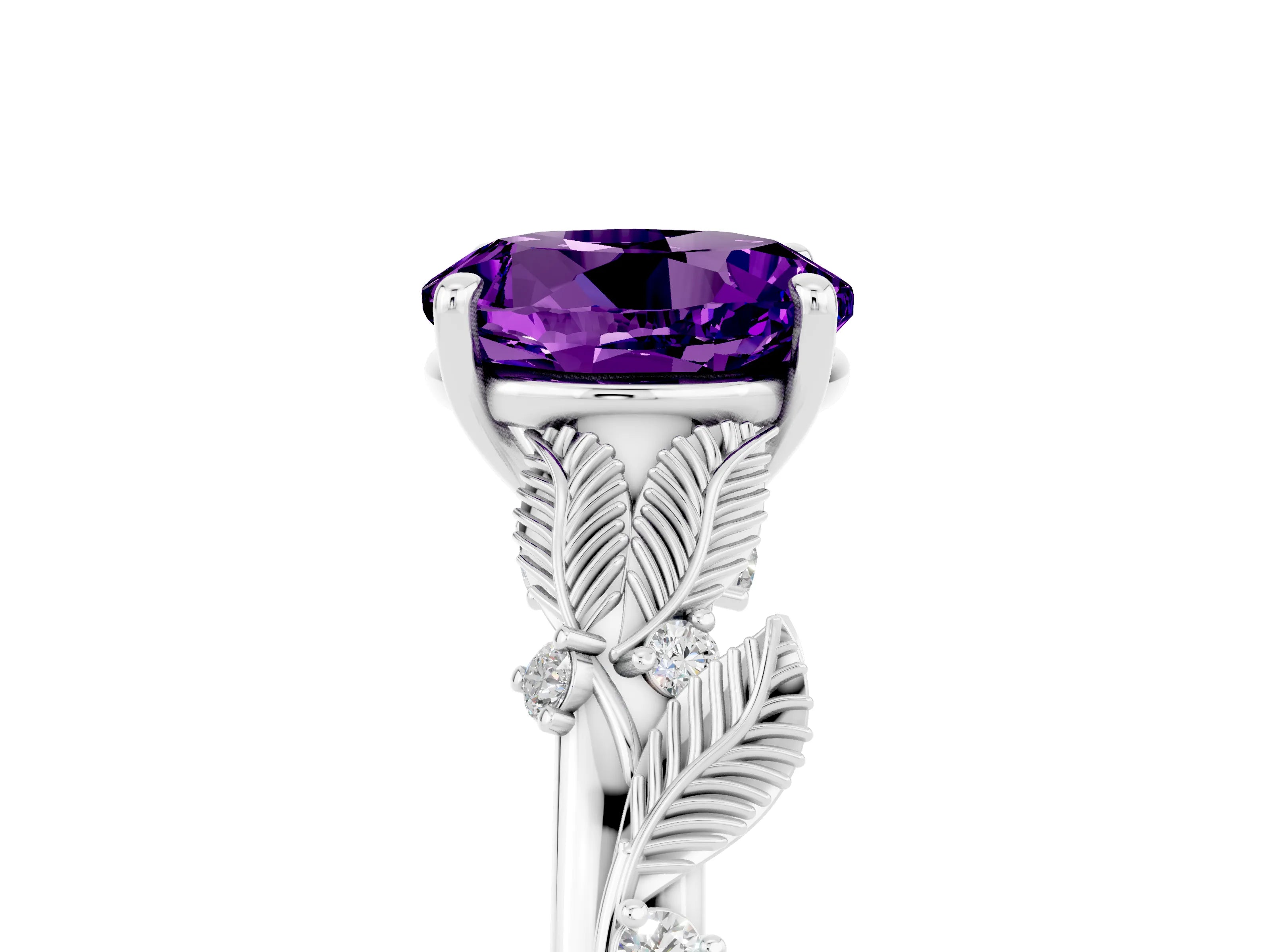 White gold Round Cut Amethyst Solitaire Ring with Leaf Motif Band and Four-Prong Setting_37