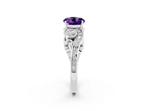 White gold Round Cut Amethyst Solitaire Ring with Milgrain Pavé Band and Four-Prong Setting_14