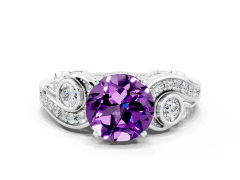 White gold Round Cut Amethyst Solitaire Ring with Milgrain Pavé Band and Four-Prong Setting_19