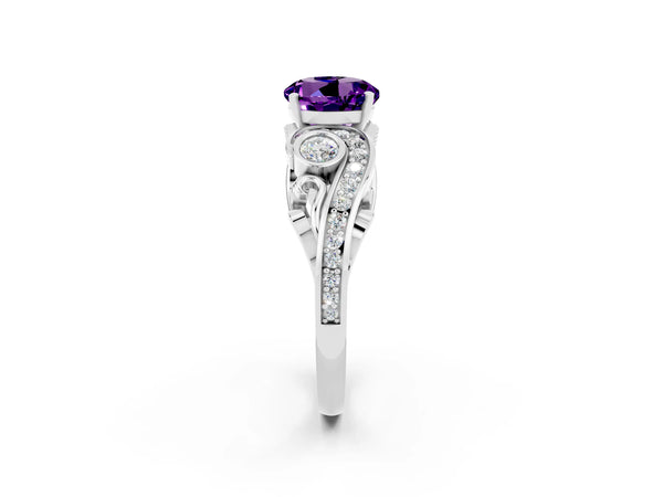 Silver Round Cut Amethyst Solitaire Ring with Milgrain Pavé Band and Four-Prong Setting