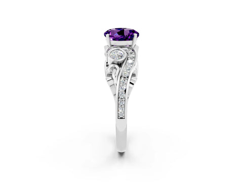 White gold Round Cut Amethyst Solitaire Ring with Milgrain Pavé Band and Four-Prong Setting_21