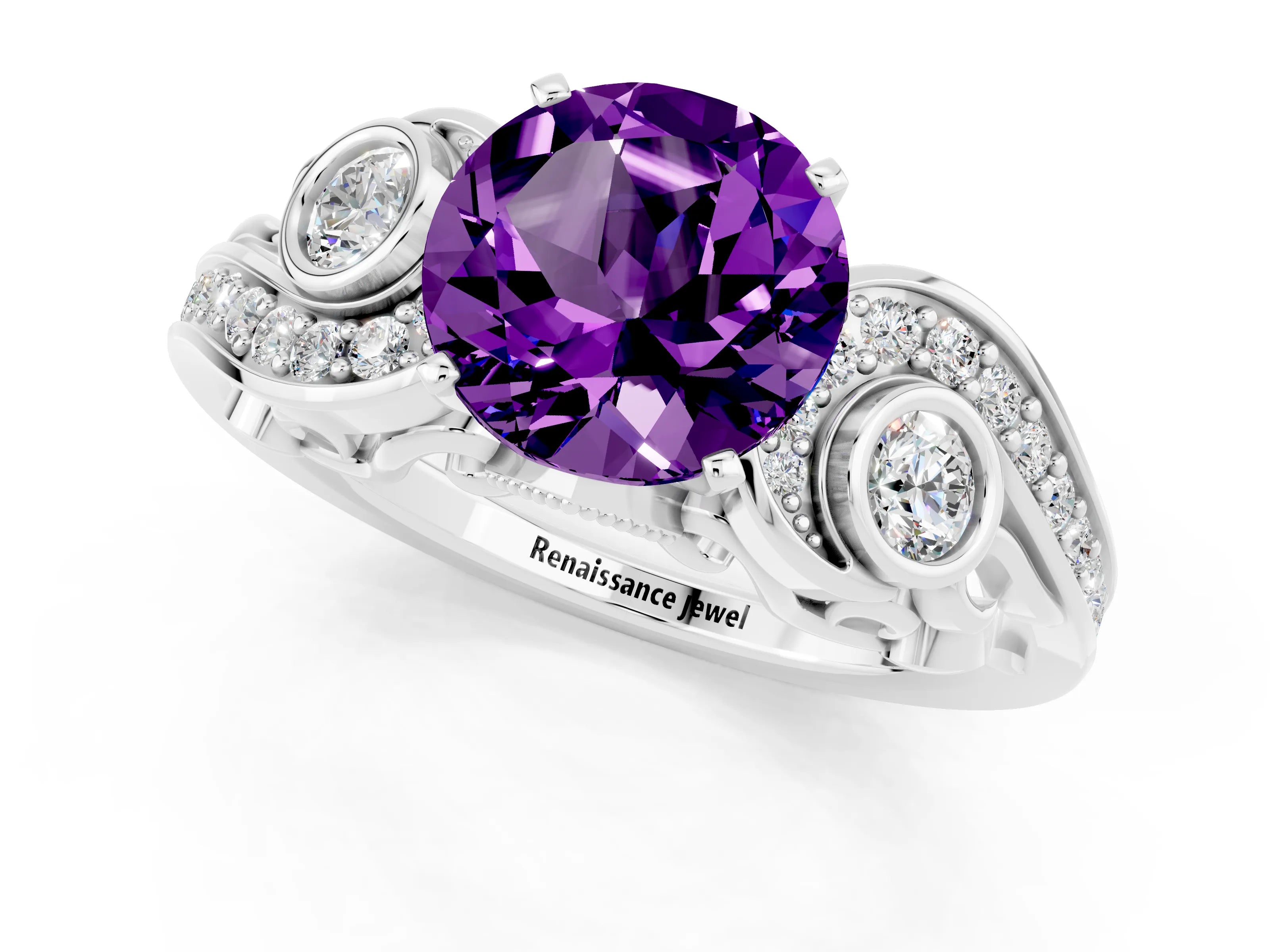 White gold Round Cut Amethyst Solitaire Ring with Milgrain Pavé Band and Four-Prong Setting_25