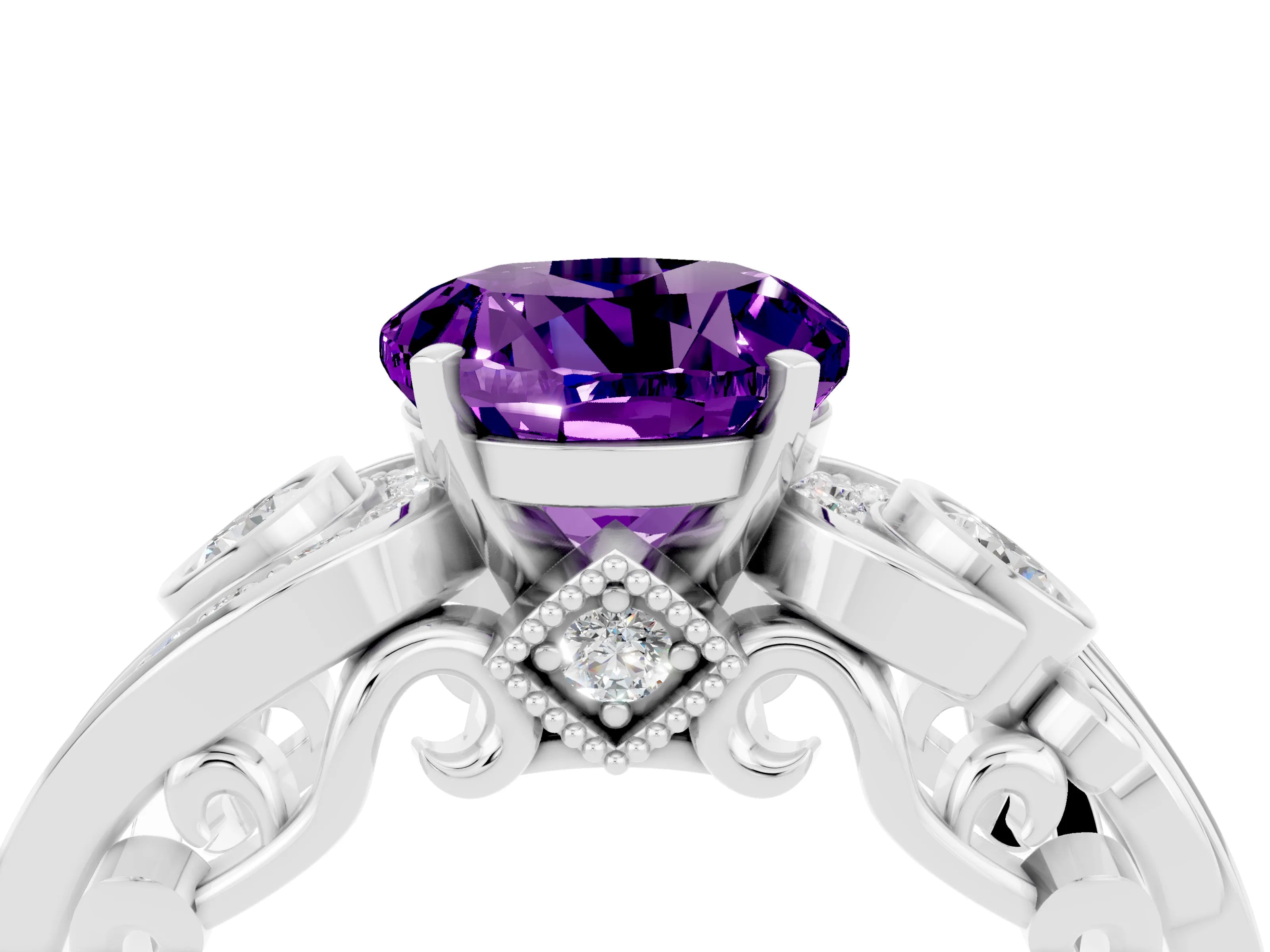 White gold Round Cut Amethyst Solitaire Ring with Milgrain Pavé Band and Four-Prong Setting_28