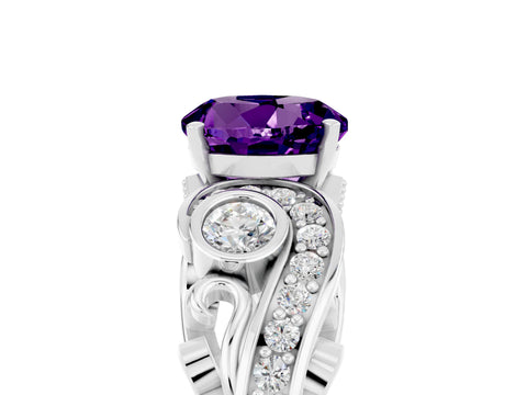 White gold Round Cut Amethyst Solitaire Ring with Milgrain Pavé Band and Four-Prong Setting_29