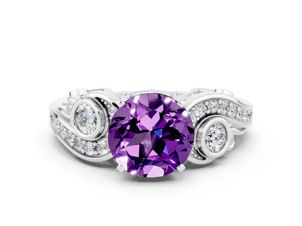 Silver Round Cut Amethyst Solitaire Ring with Milgrain Pavé Band and Four-Prong Setting