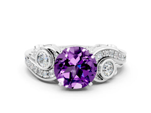 White gold Round Cut Amethyst Solitaire Ring with Milgrain Pavé Band and Four-Prong Setting_31