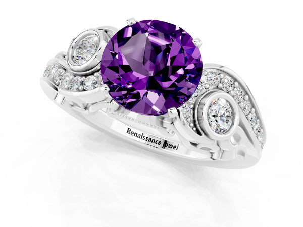 Platinum Round Cut Amethyst Solitaire Ring with Milgrain Pavé Band and Four-Prong Setting