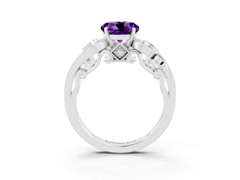 White gold Round Cut Amethyst Solitaire Ring with Milgrain Pavé Band and Four-Prong Setting_39