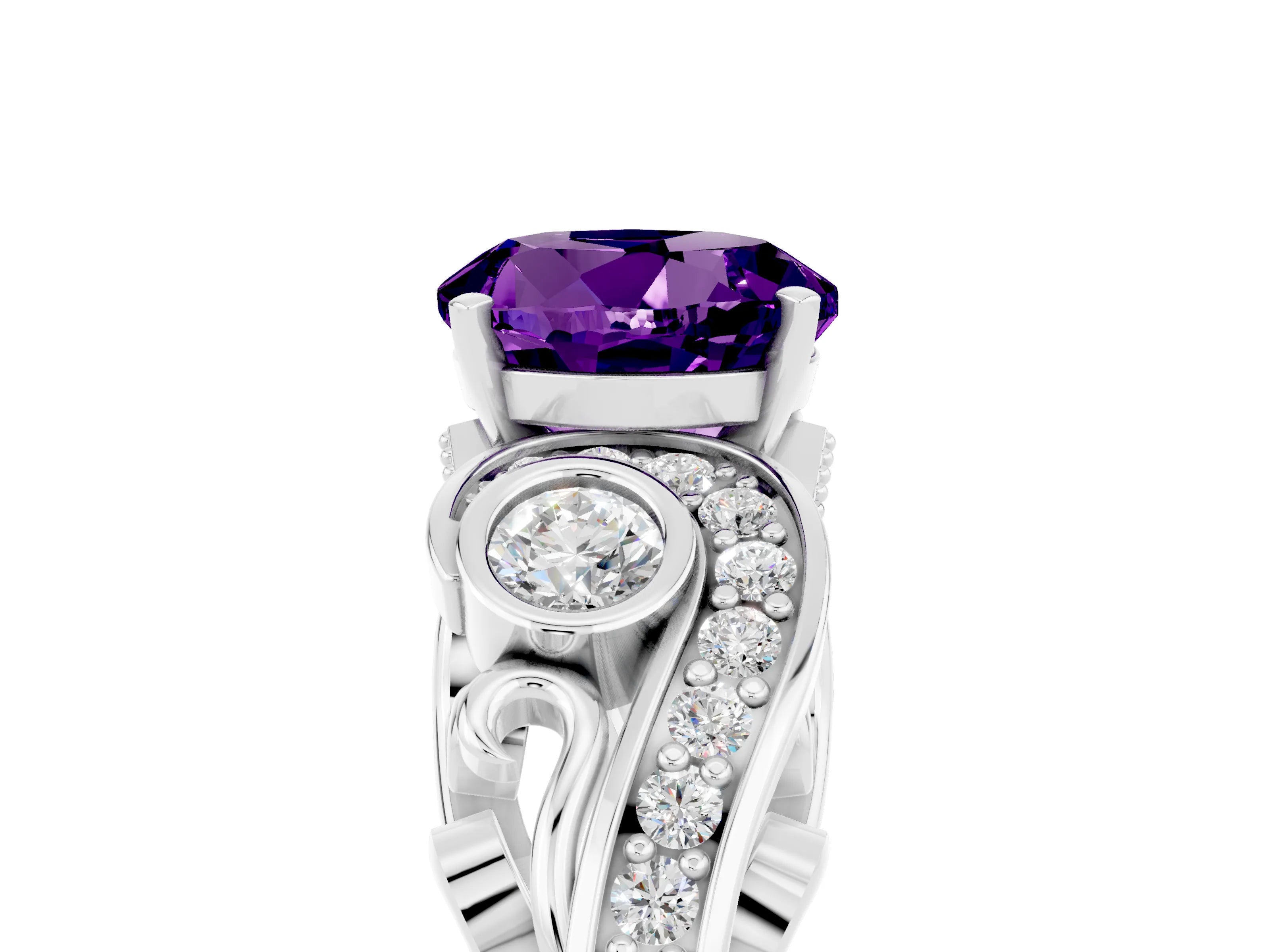 White gold Round Cut Amethyst Solitaire Ring with Milgrain Pavé Band and Four-Prong Setting_41