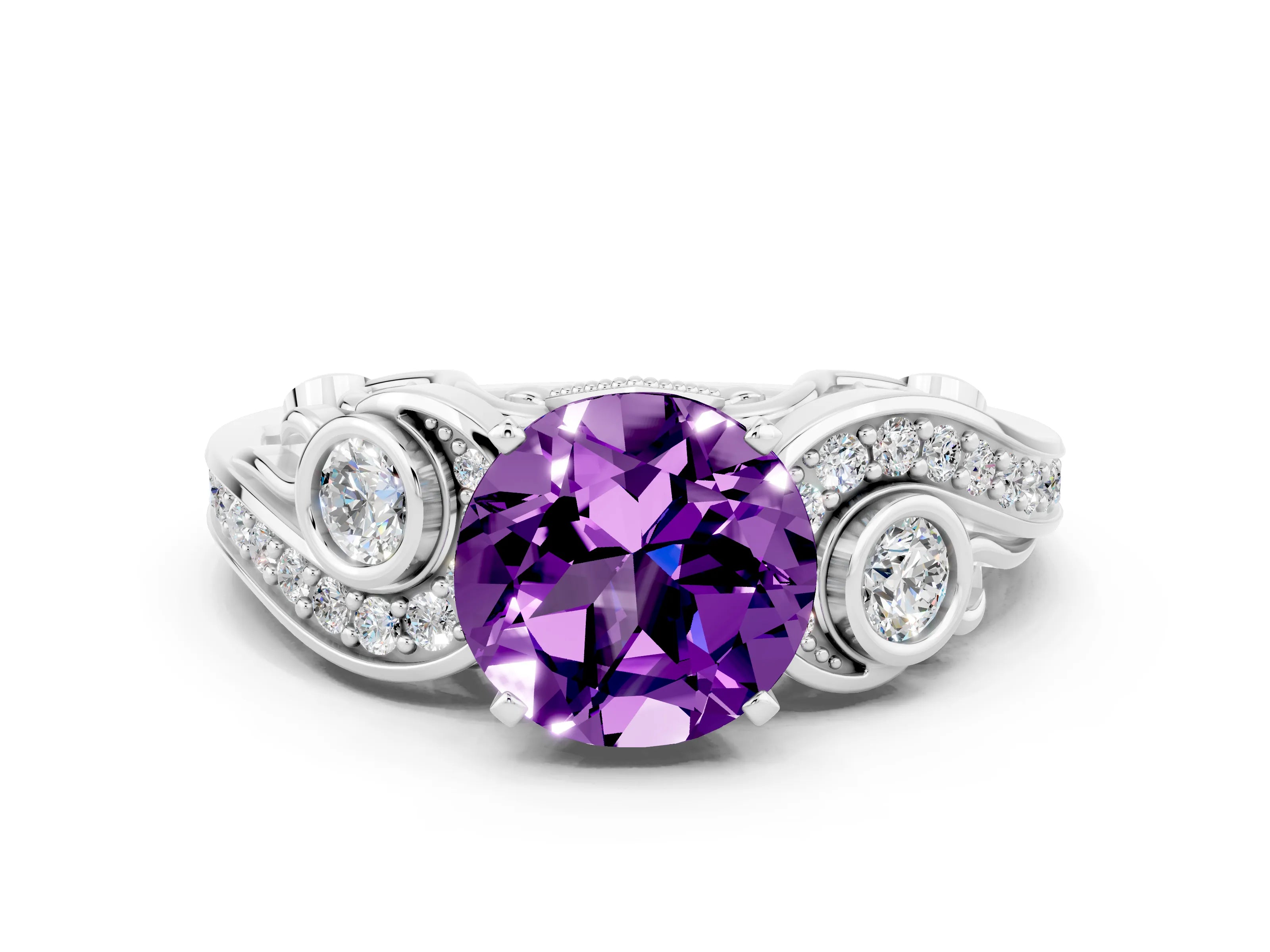 White gold Round Cut Amethyst Solitaire Ring with Milgrain Pavé Band and Four-Prong Setting_48