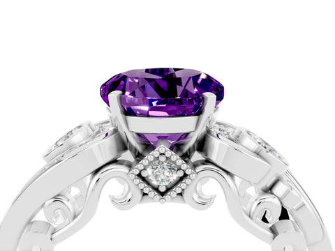 White gold Round Cut Amethyst Solitaire Ring with Milgrain Pavé Band and Four-Prong Setting_52