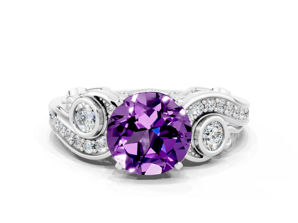 White gold Round Cut Amethyst Solitaire Ring with Milgrain Pavé Band and Four-Prong Setting