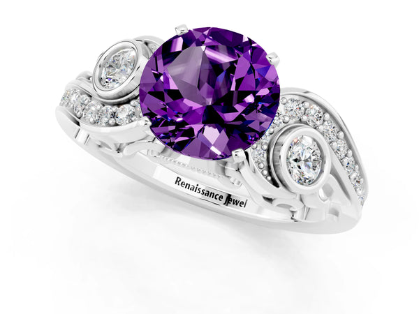 White gold Round Cut Amethyst Solitaire Ring with Milgrain Pavé Band and Four-Prong Setting