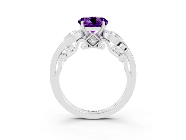 White gold Round Cut Amethyst Solitaire Ring with Milgrain Pavé Band and Four-Prong Setting