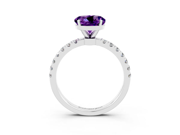 White gold Round Cut Amethyst Solitaire Ring with Pavé Accents and Four-Prong Setting