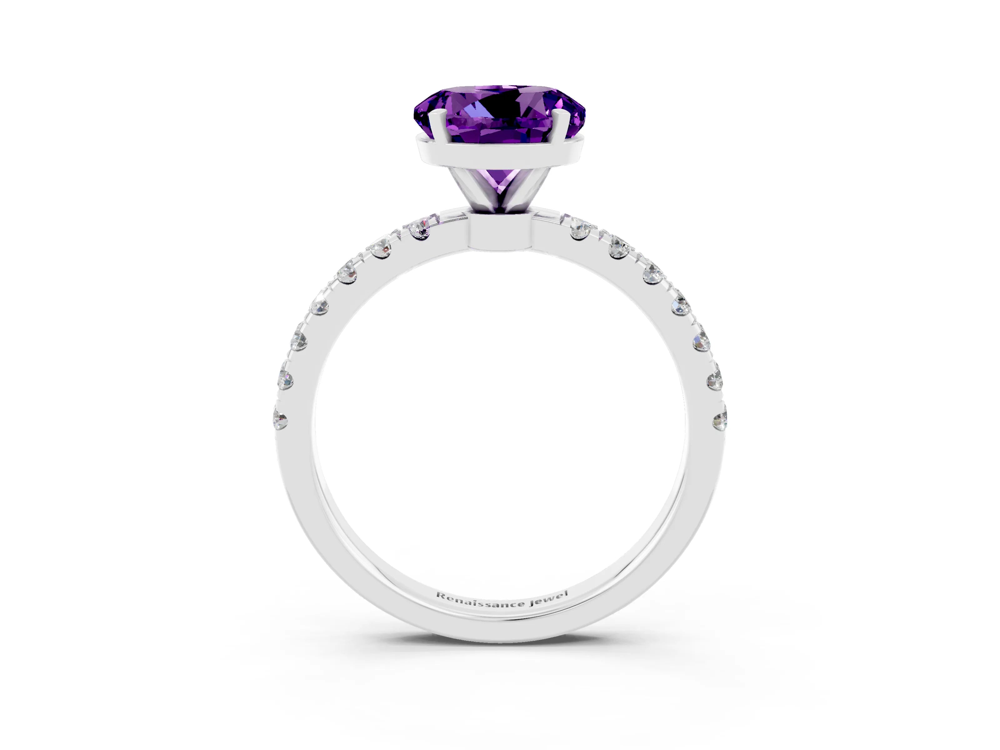 White gold Round Cut Amethyst Solitaire Ring with Pavé Accents and Four-Prong Setting_3