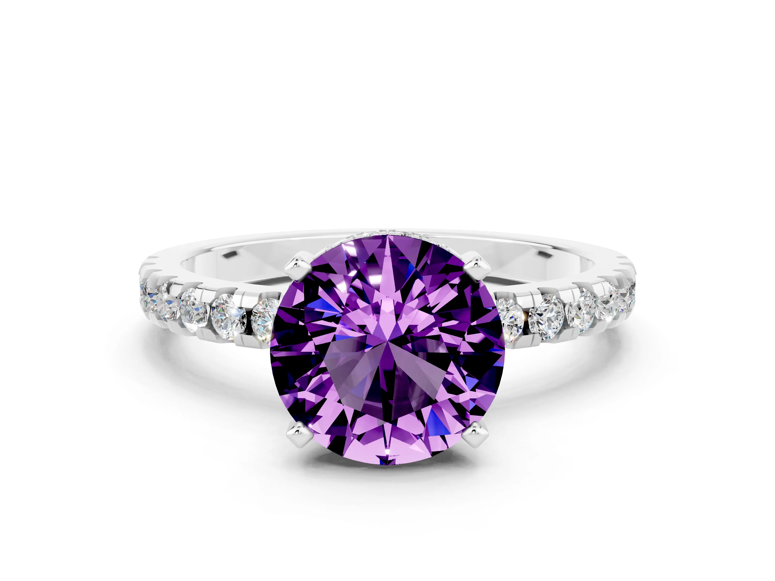 White gold Round Cut Amethyst Solitaire Ring with Pavé Band and Four-Prong Setting_24
