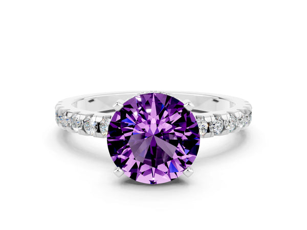 White gold Round Cut Amethyst Solitaire Ring with Round  Pavé Band and Four-Prong Setting