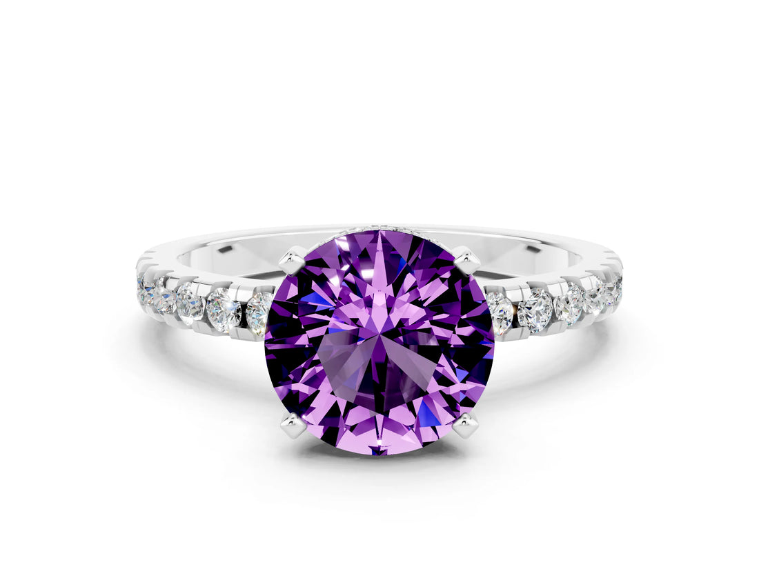 White gold Round Cut Amethyst Solitaire Ring with Pavé Band and Four-Prong Setting_24