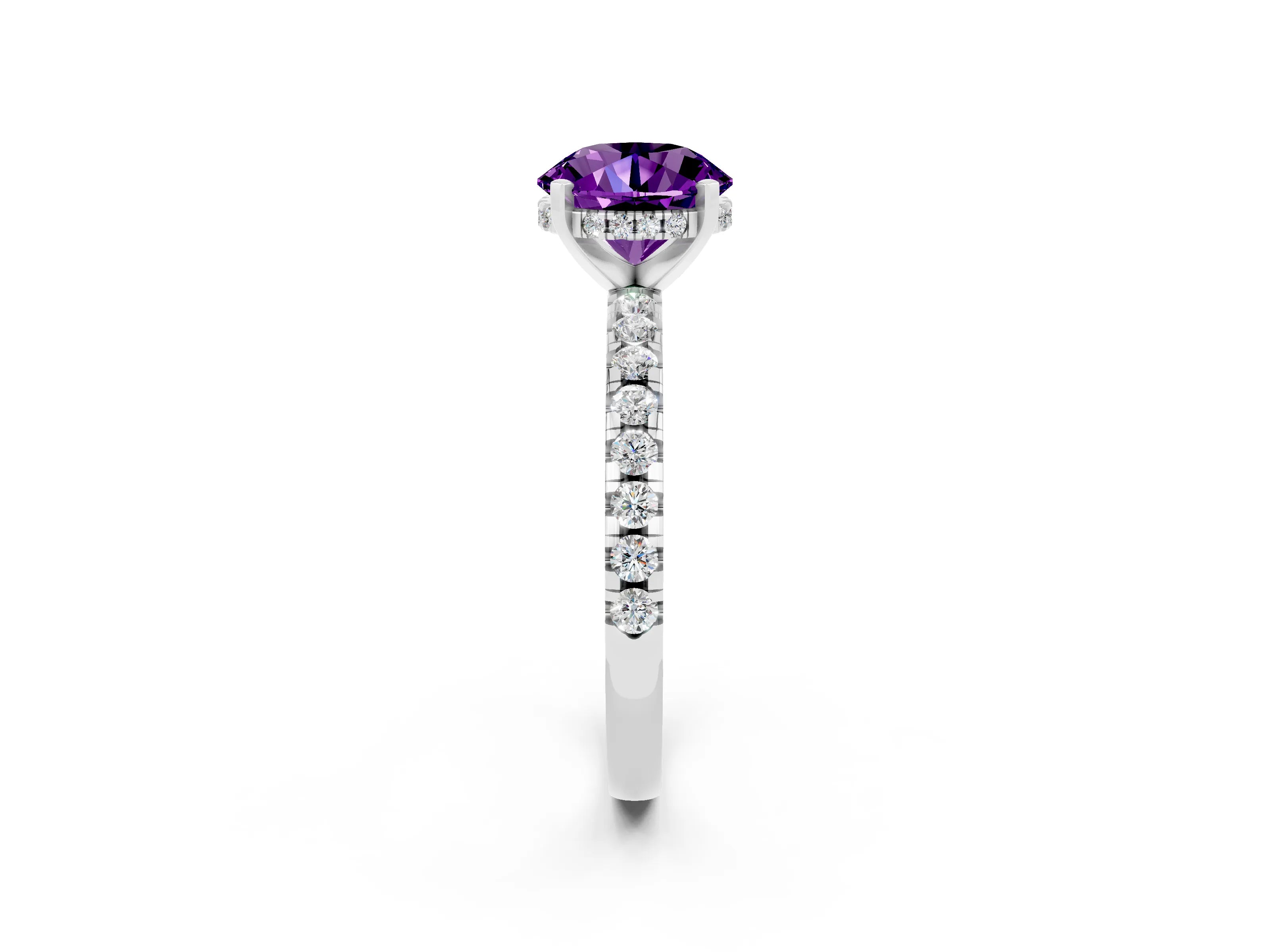 White gold Round Cut Amethyst Solitaire Ring with Pavé Band and Four-Prong Setting_26