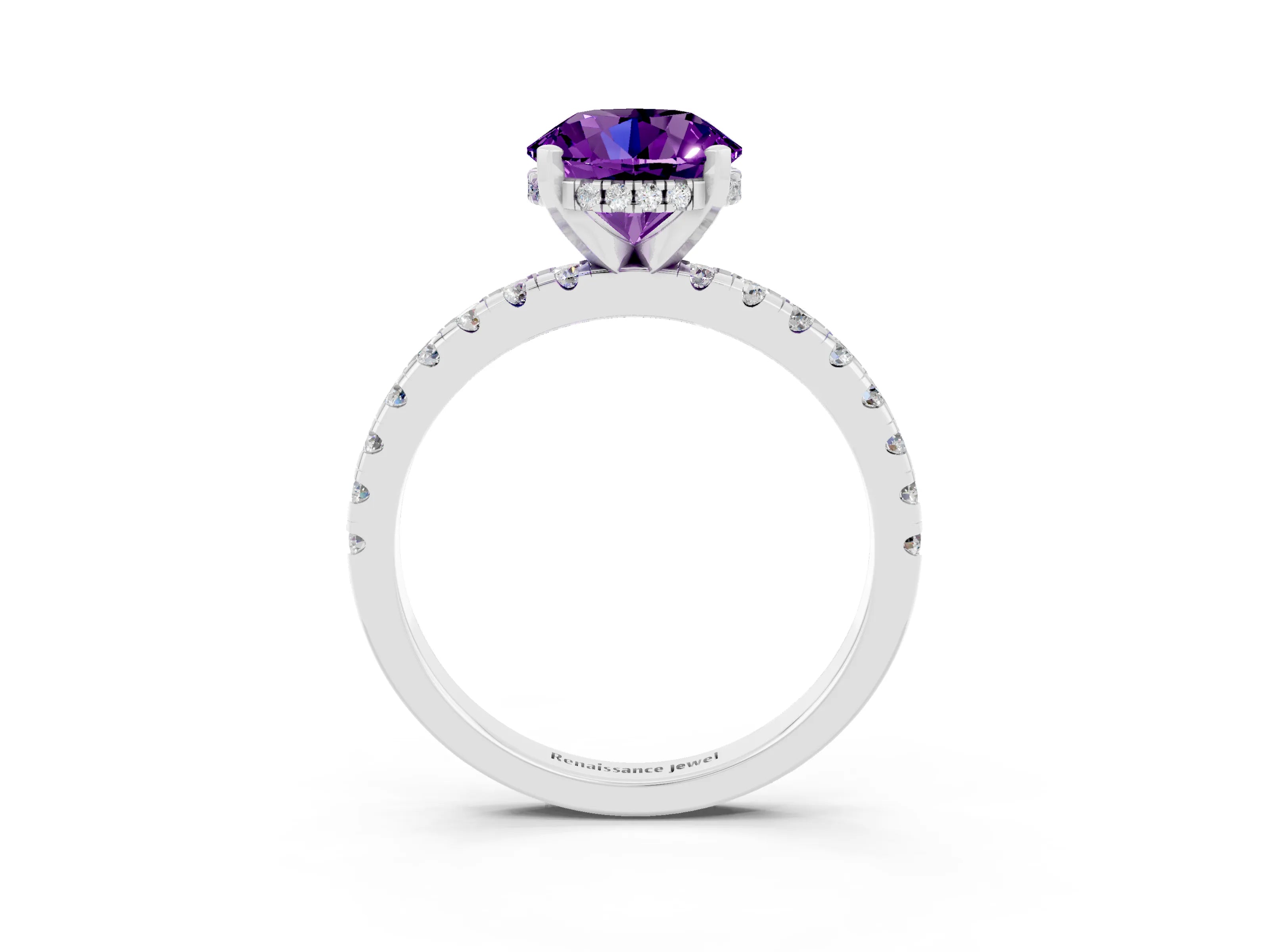 White gold Round Cut Amethyst Solitaire Ring with Pavé Band and Four-Prong Setting_27