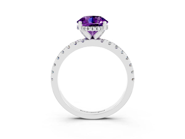 Silver Round Cut Amethyst Solitaire Ring with Round  Pavé Band and Four-Prong Setting