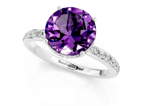 White gold Round Cut Amethyst Solitaire Ring with Pavé Band and Hidden Halo_13
