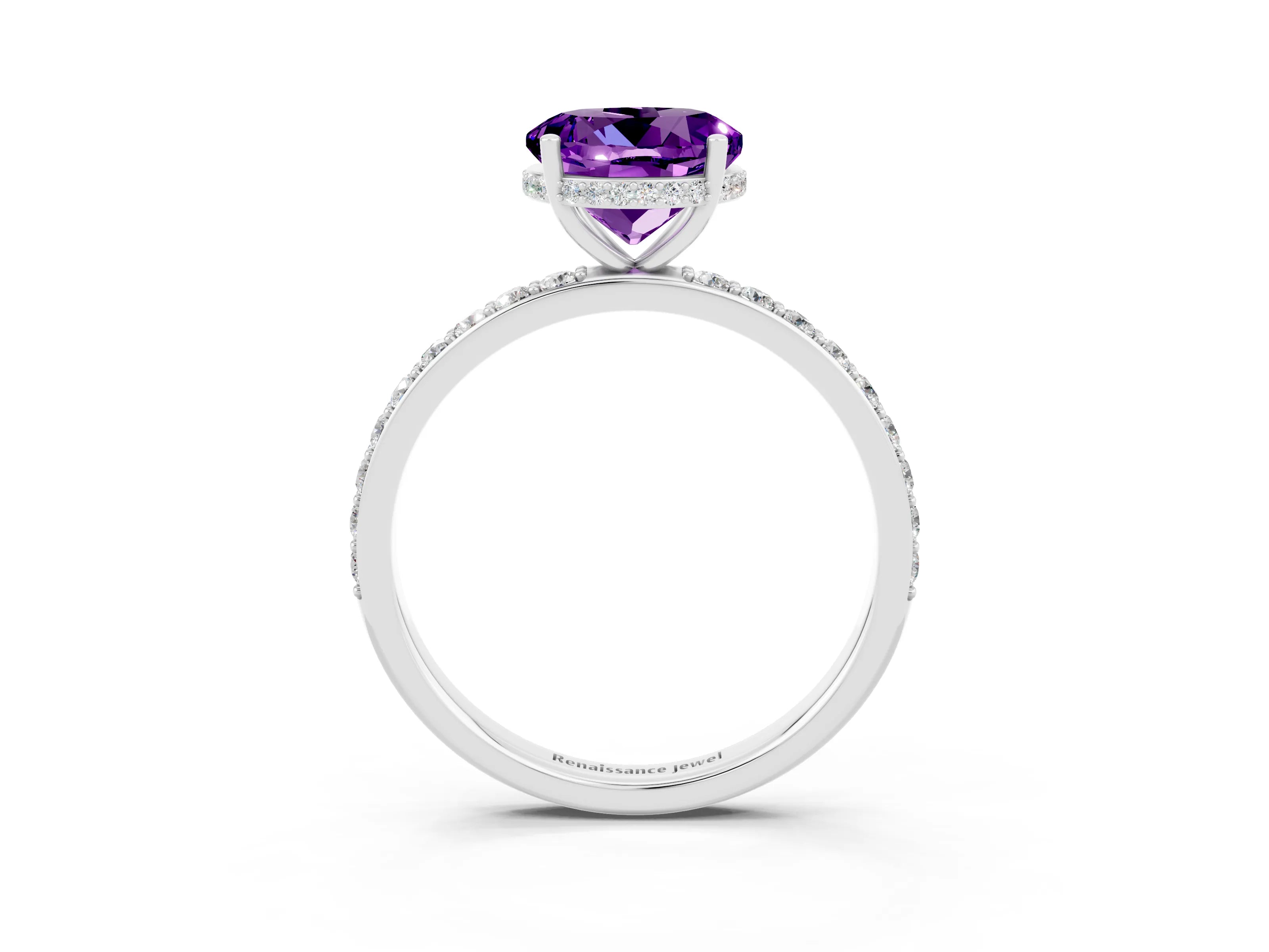 White gold Round Cut Amethyst Solitaire Ring with Pavé Band and Hidden Halo_15