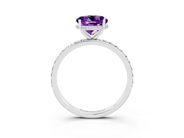 Silver Round Cut Amethyst Solitaire Ring with Pavé Band and Hidden Halo