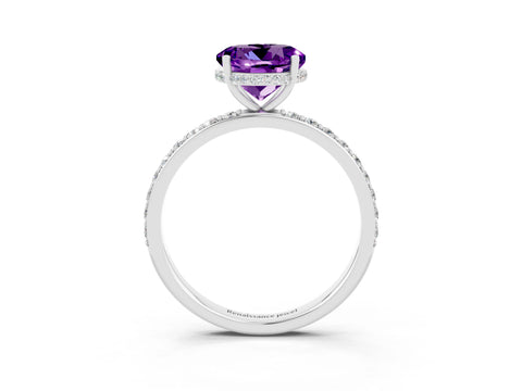 White gold Round Cut Amethyst Solitaire Ring with Pavé Band and Hidden Halo_15