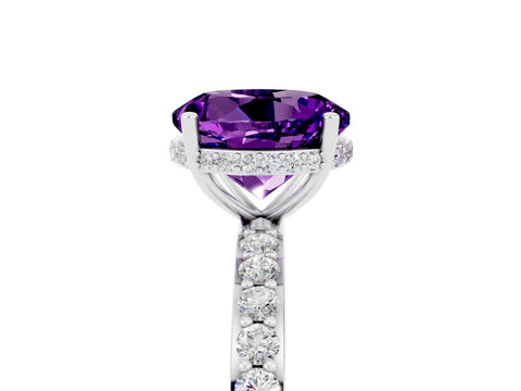 White gold Round Cut Amethyst Solitaire Ring with Pavé Band and Hidden Halo_17