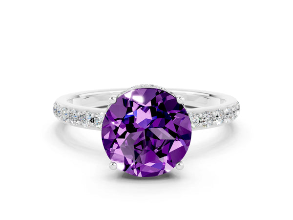 White gold Round Cut Amethyst Solitaire Ring with Pavé Band and Hidden Halo
